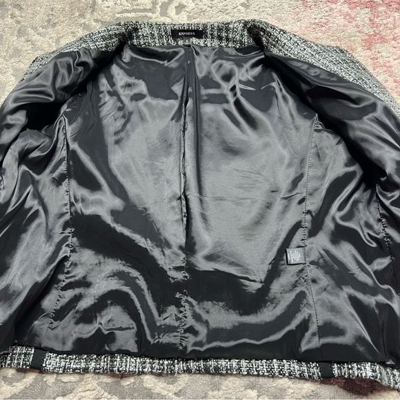EXPRESS VTG Tweed Metallic Plaid Black Silver Jacket Coat Women's Size Small - Picture 9 of 11